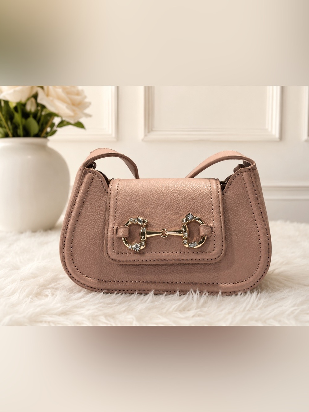 NWT Anne Klein Crystal Horsebit Mini Top Handle Bag W/ Crossbody Strap- Pink